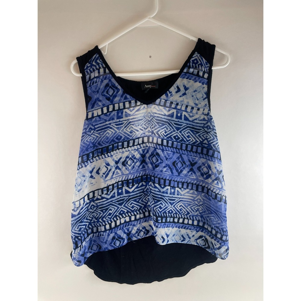 Amywear Shirt Women's Size XL Blue Black Aztec Semi-Sheer Cut Out Back V-Neck